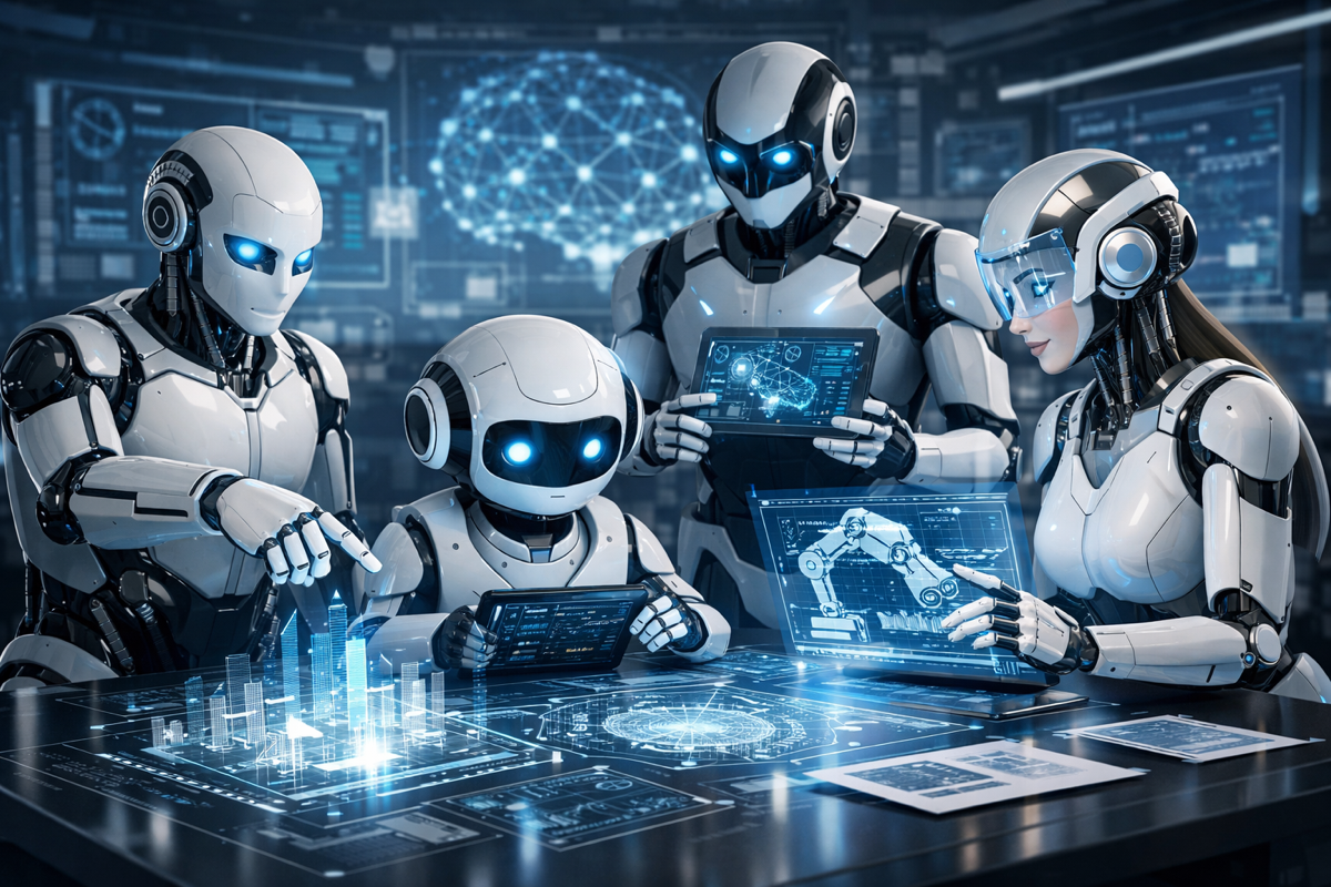 AI agents collaborating in discussion